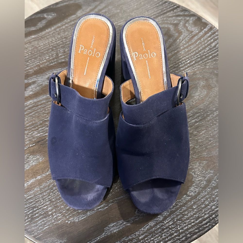Linea Paolo Mules Navy Blue Suede Block Heel size 6.5